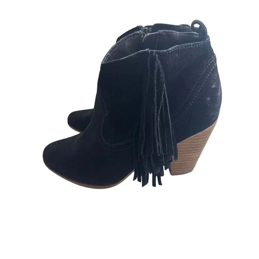 Steve Madden Cian Black Suede Fringe Ankle Boots 8M Western Boho Stacked Heel